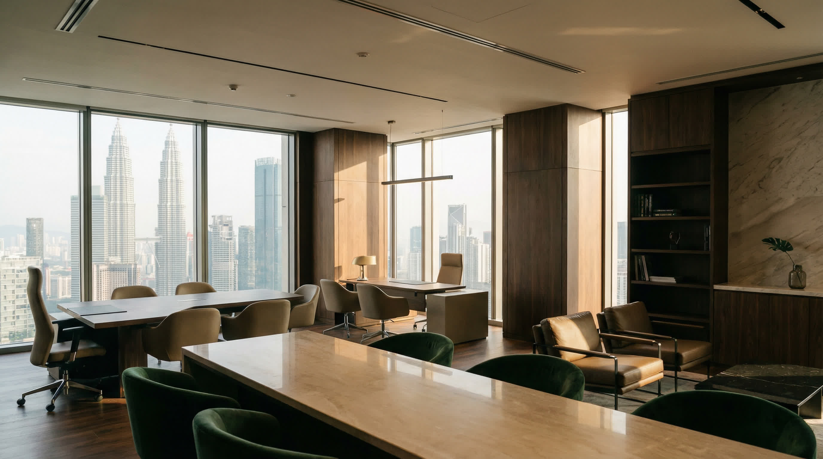 Modern law office interior overlooking Kuala Lumpur skyline